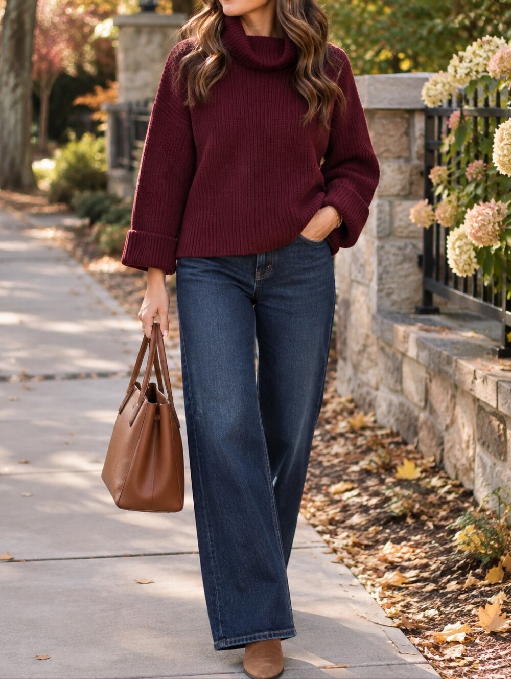 Lord & Taylor Burgundy Cotton Blend Chunky Knit Turtleneck Sweater Preppy Casual